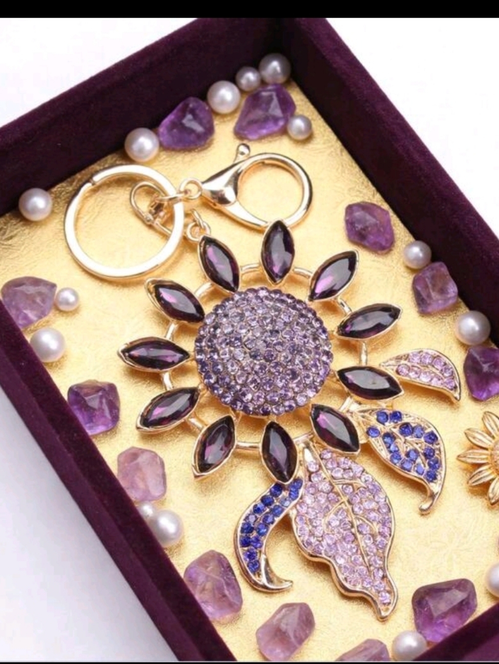 Gold-Tone Purple Crystal Sunflower Keychain Charm